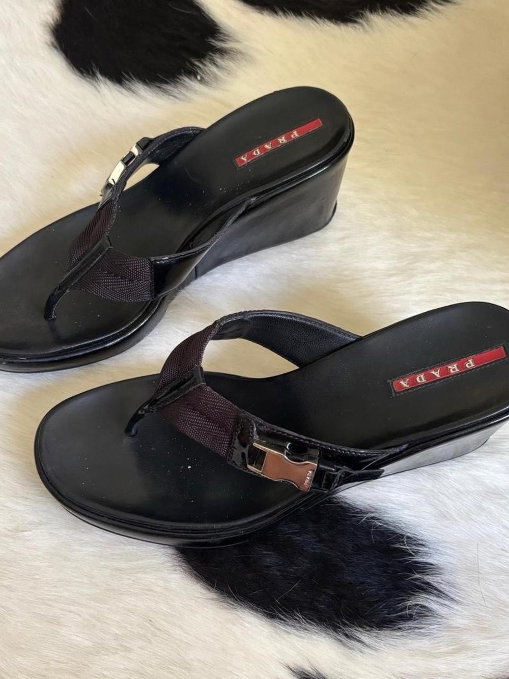 Vintage Prada Sport Black Wedge Thong Sandals with Buckle Detail